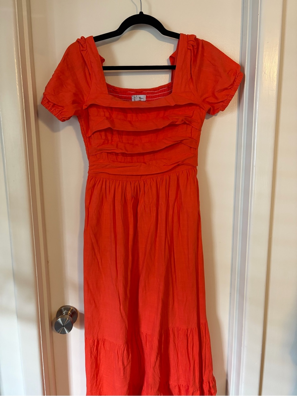 Coral Tiered Midi Dress with Square Neck